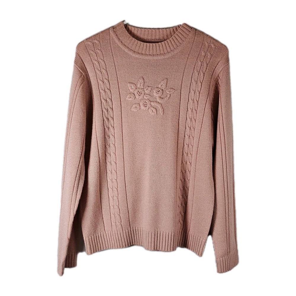 Vintage Haband Sweater Womens Medium Pink Cable Knit Ribbed Embellished EUC